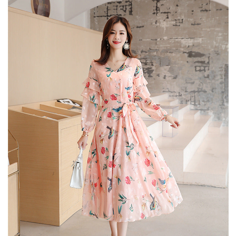 Floral Chiffon Dress for Women - Short Sleeve Maxi